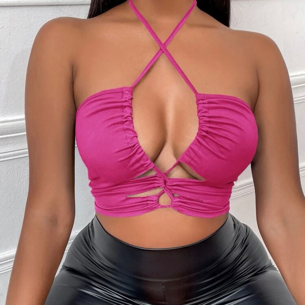 Crisscross Drawstring Tie Back Crop Halter Top